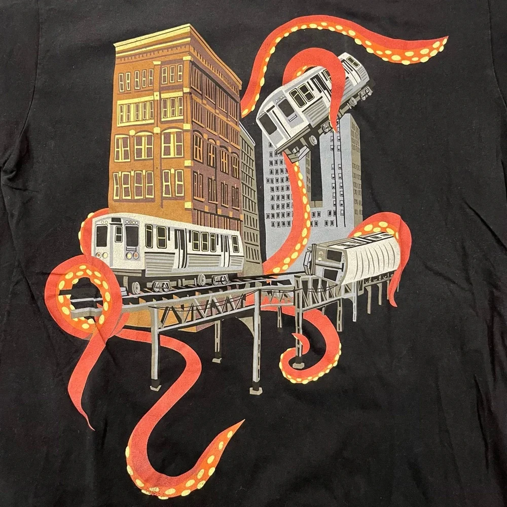 RARE vintage gama-go graphic-tee w/ squid attacking elevated train in cityscape - Picture 1 of 5